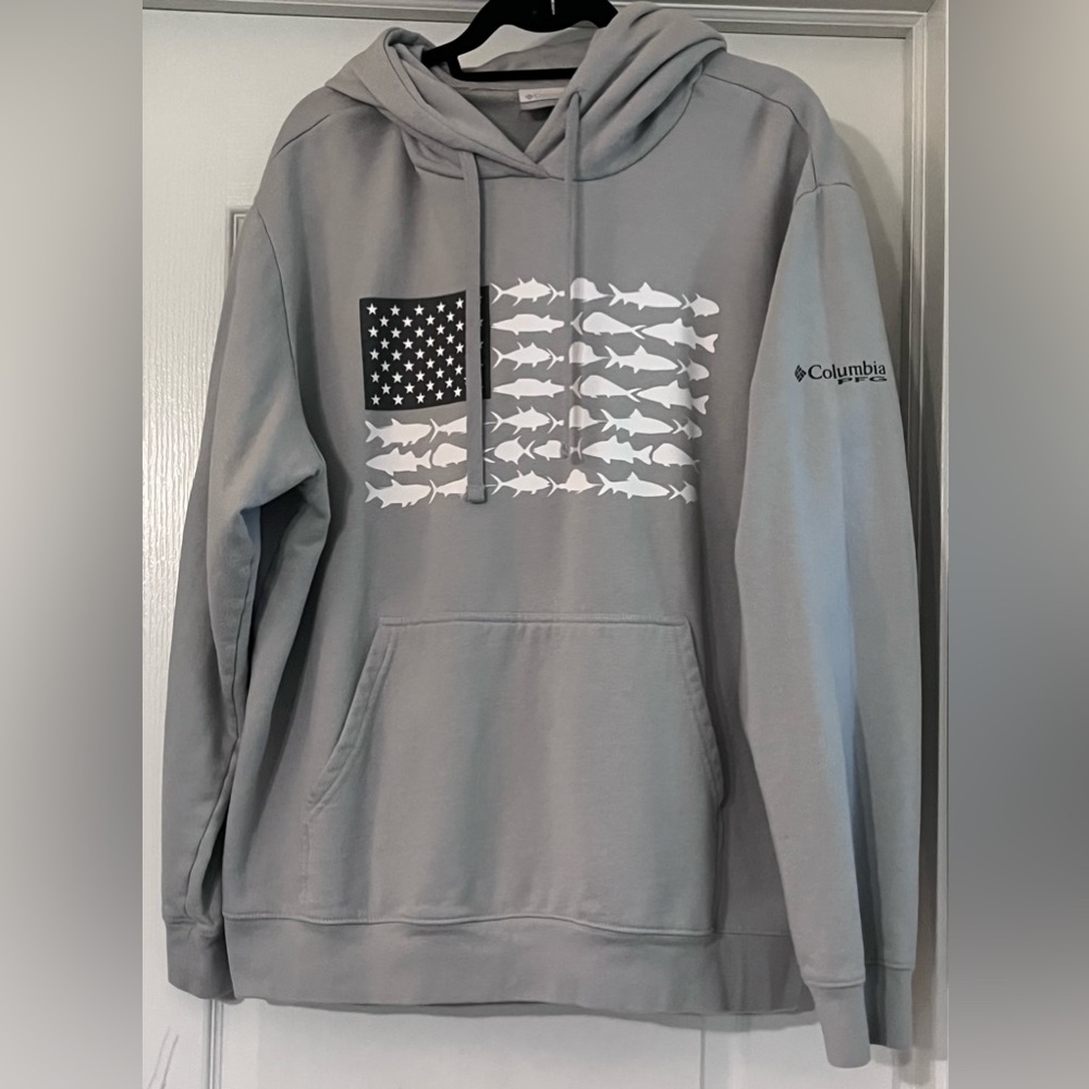 Columbia Gray Pullover American Flag PFG Performance Fishing Gear Design Hoodie